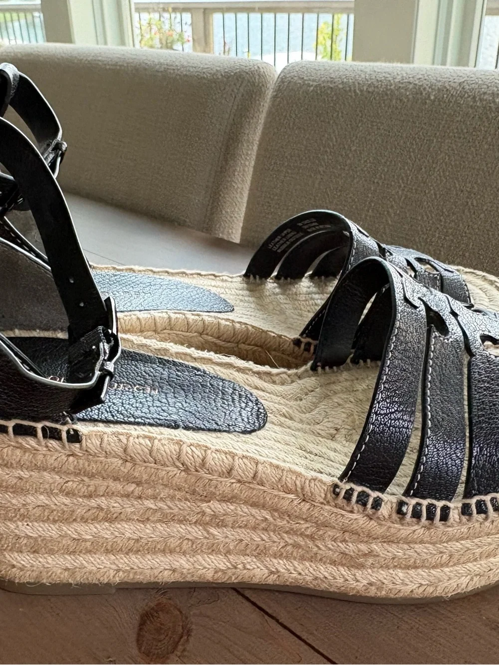 Tory Burch Black Leather Espadrille Wedges with Ankle Strap